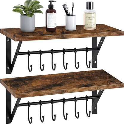 Floating Shelves Wall Mounted Set of 2, Wall Shelves with 2 Towel Holders & 12 Hooks, Multifunctional Storage Shelf Rustic Wood Decoration Shelves for Bathroom, Living Room (Brown 15.75In)